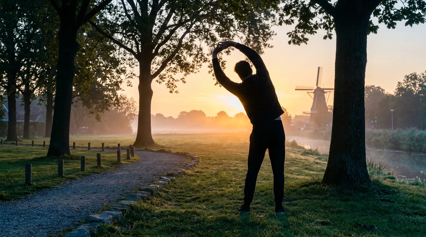 Silhouet van een man die ochtendwandeling maakt in een Nederlands park
