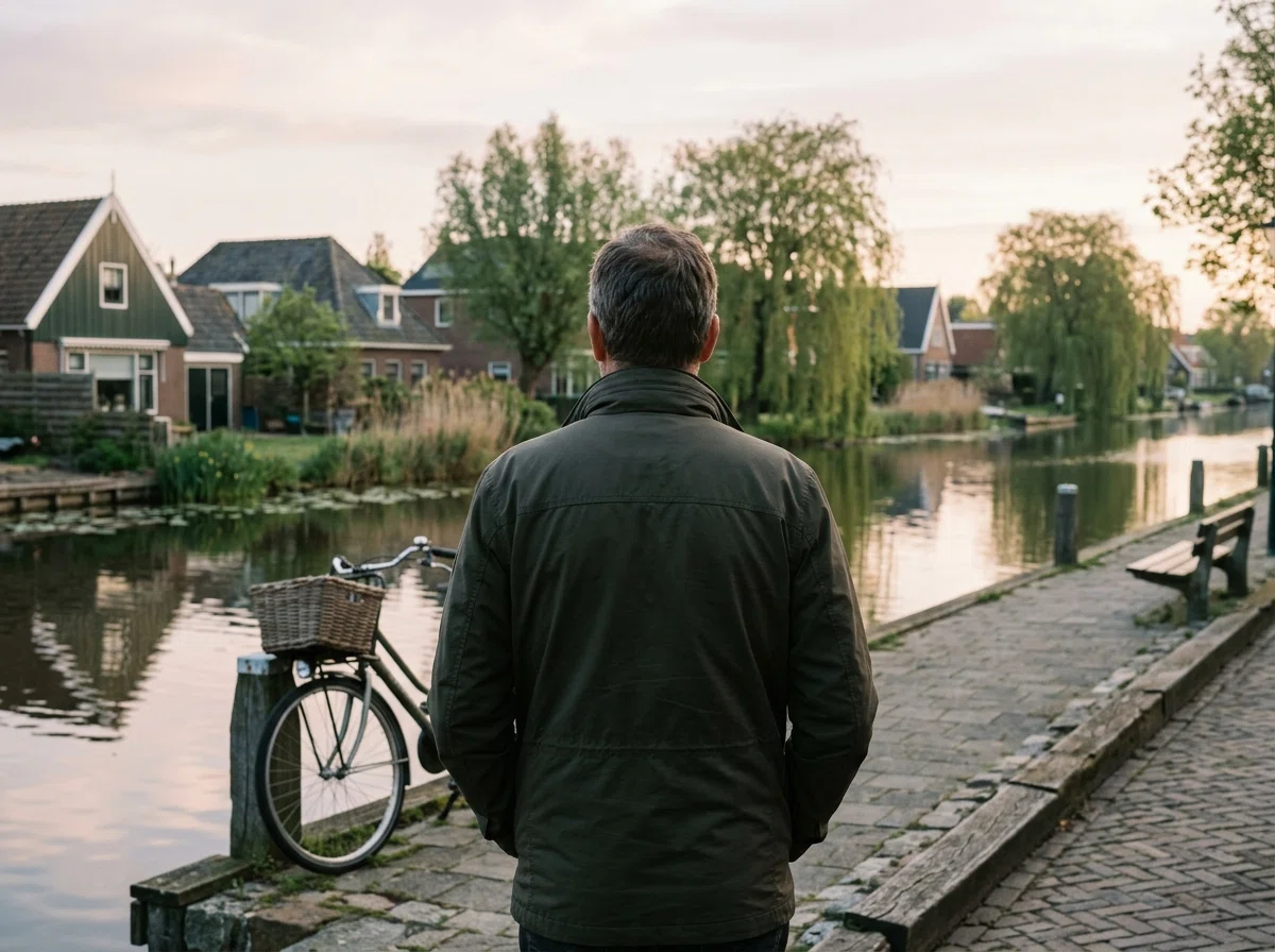 Anonieme man die uitkijkt over een Nederlandse rivier - actieve leefstijl boven de 50